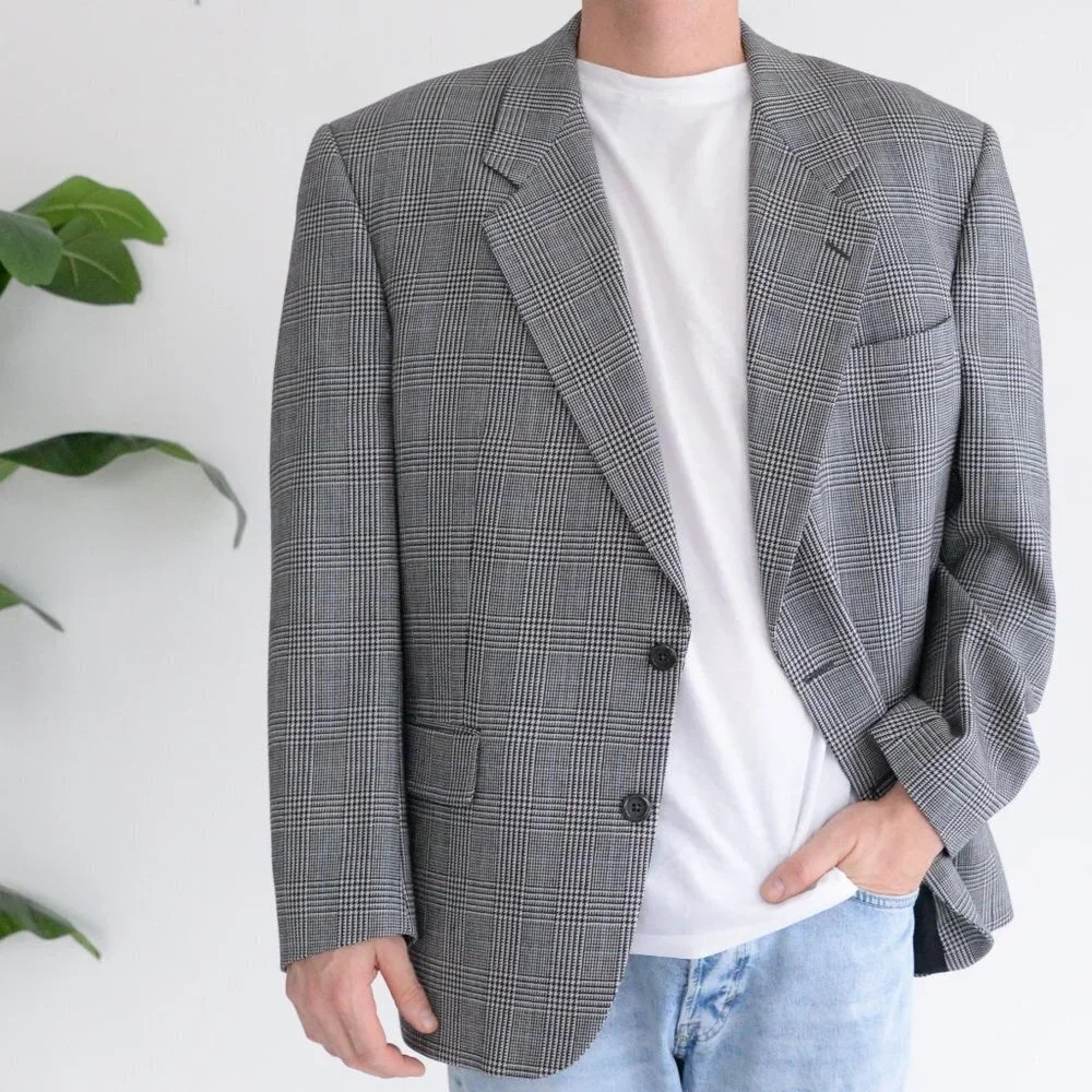 Savile Row 100% Wool Plaid Sport Jacket Blazer ~Grey/Black ~See Measurements Pic